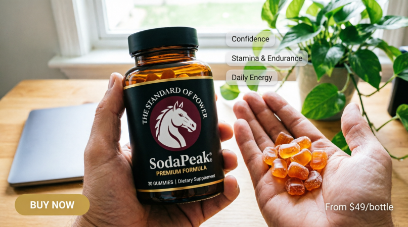 hand holding amber gummy supplements beside a supplement bottle at a home desk