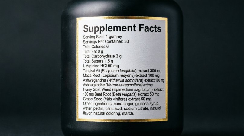 supplement facts panel showing seven botanical extracts with printed milligram doses